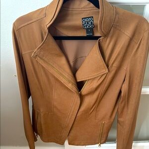 CLARA SUNWOO Camel liquid Leather Jacket Classic Collar Fitted Silhouette